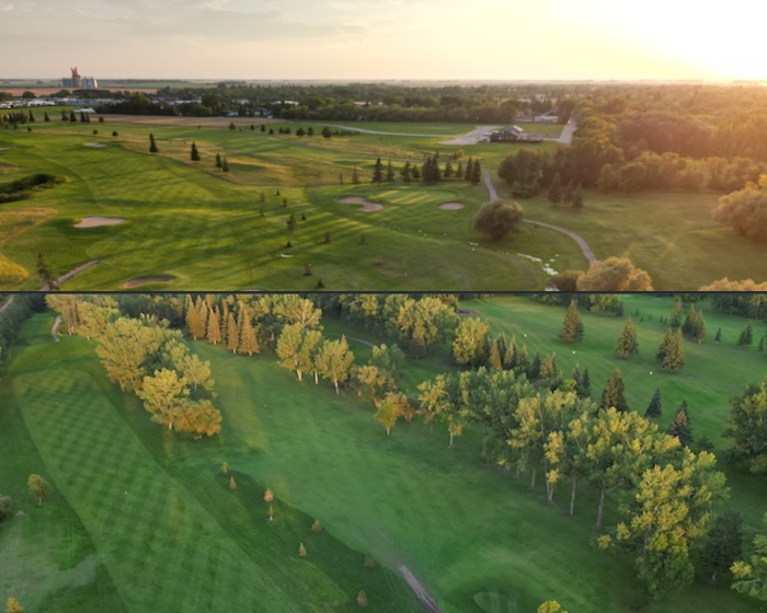 View of links style play and tree lined holes
